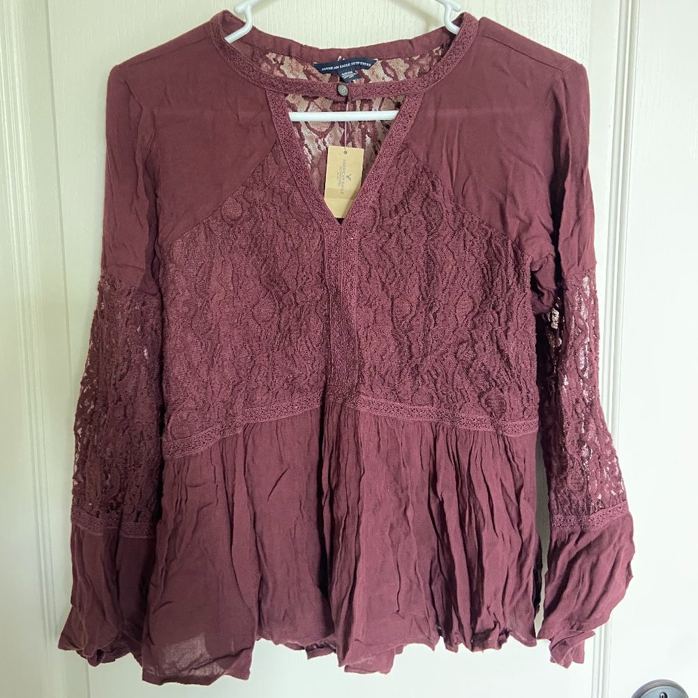 NWT American Eagle Maroon Lace Long Sleeve Top